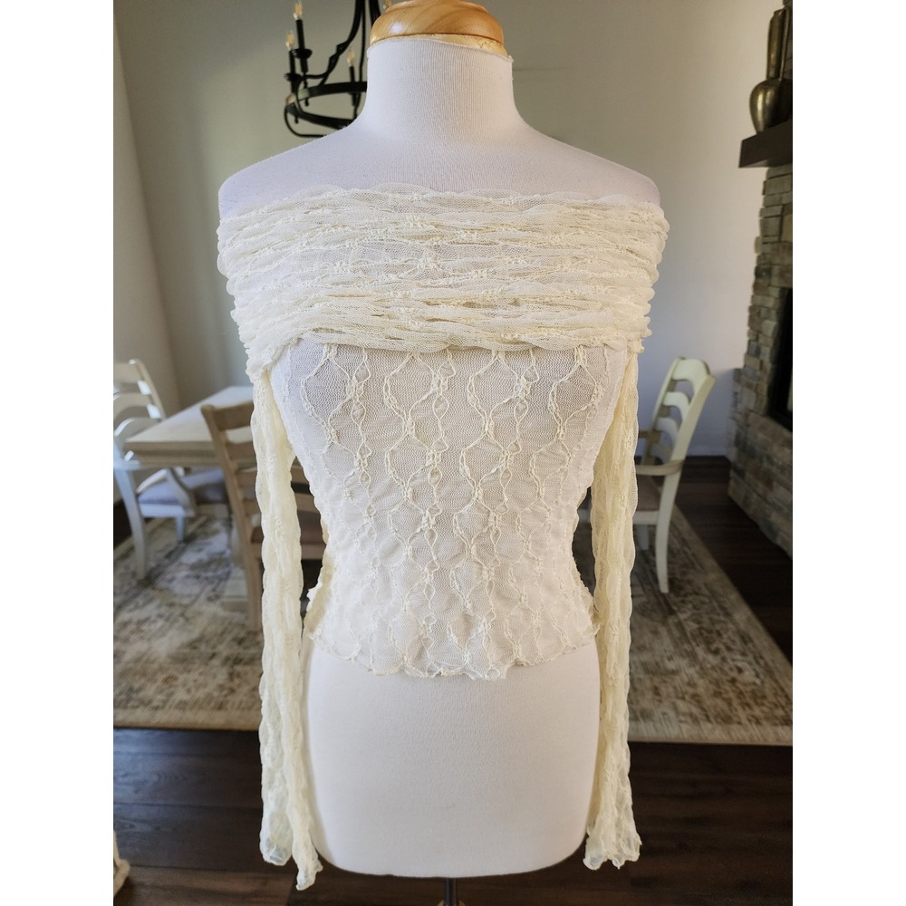 Cream Lace Off the Shoulder Long Sleeve Ruched Top Western Cowgirl Boho Small